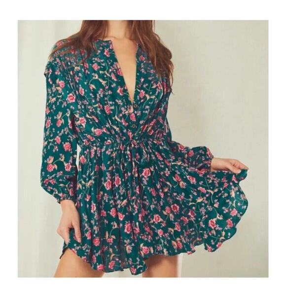 Free People Flower Fields Mini Dress Emerald Green Floral Long Sleeve Size S - Picture 1 of 16
